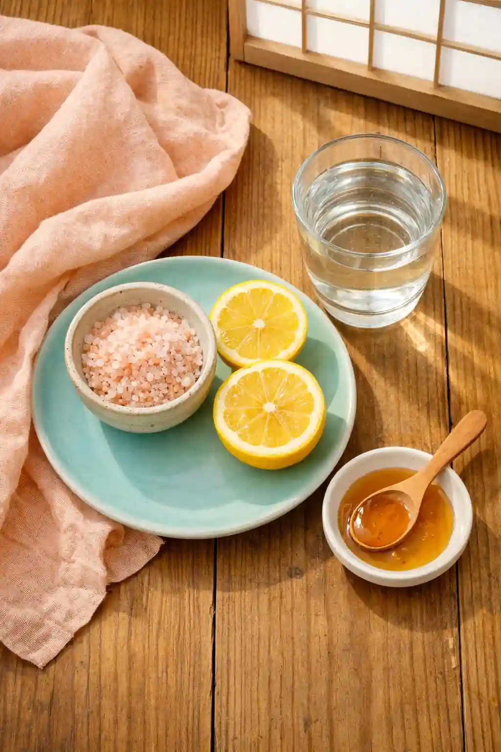 Japanese Pink Salt Drink Ingredients ingredients for japanese pink salt drink including himalayan pink salt lemon honey and warm water