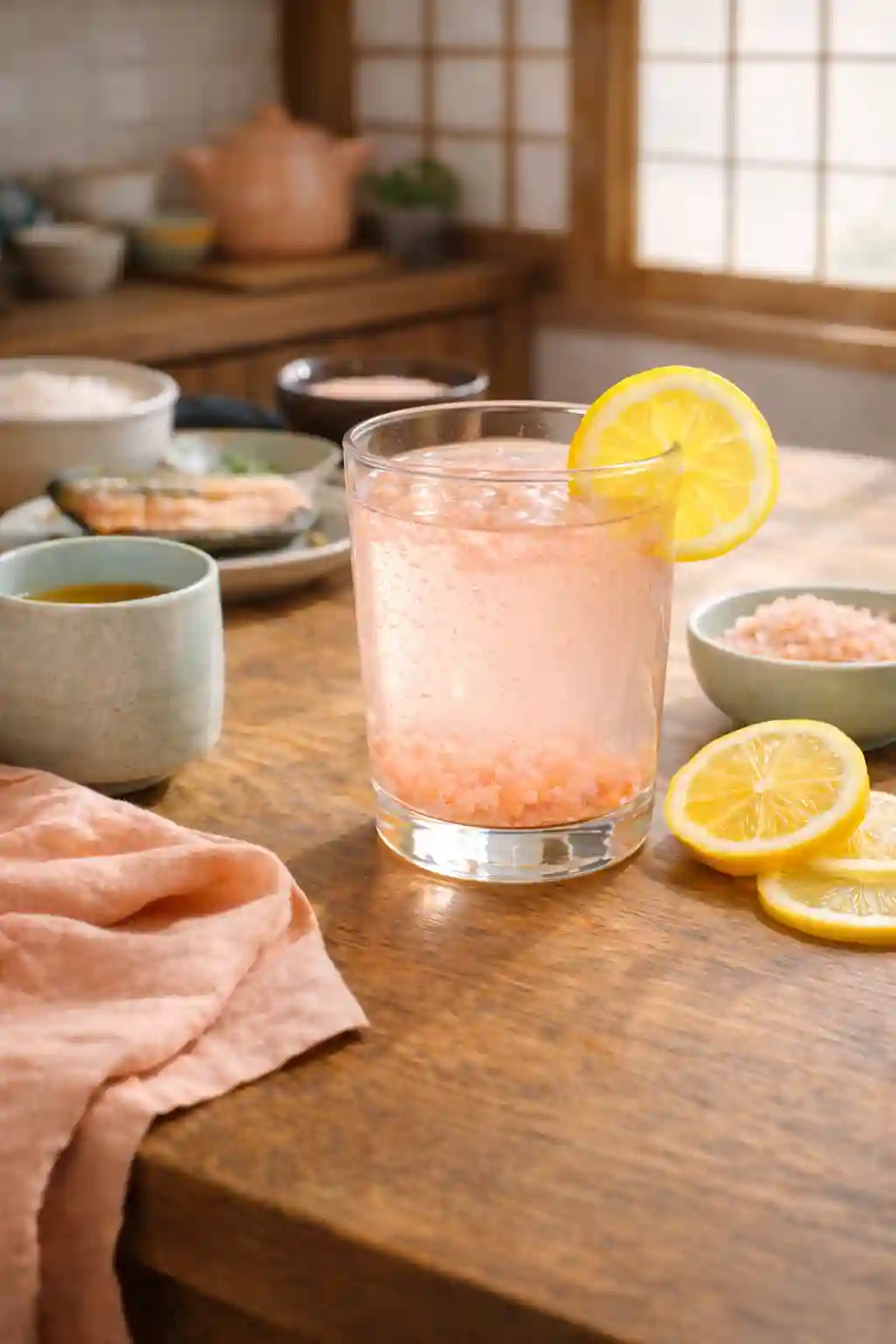 Japanese Pink Salt Drink Morning Routine japanese pink salt drink morning hydration routine on traditional breakfast table
