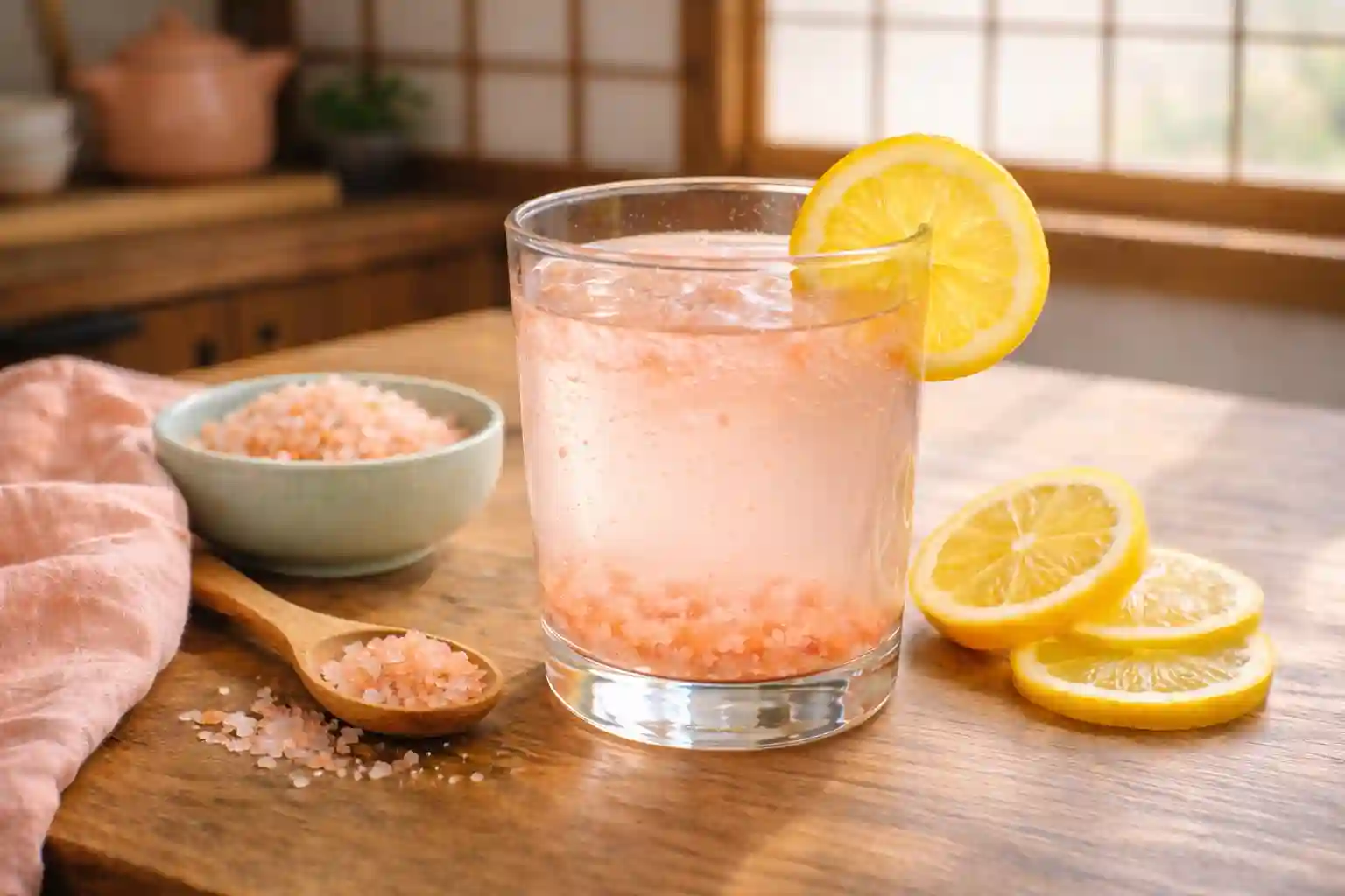 Japanese pink salt weight loss drink recipe with lemon and Himalayan pink salt in a traditional Japanese kitchen