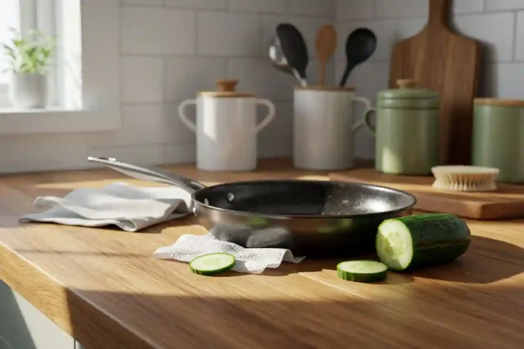 Stainless steel pan being cleaned with cucumber slice on rustic kitchen counter