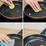 Four-step visual guide to cleaning a pan with cucumber slice