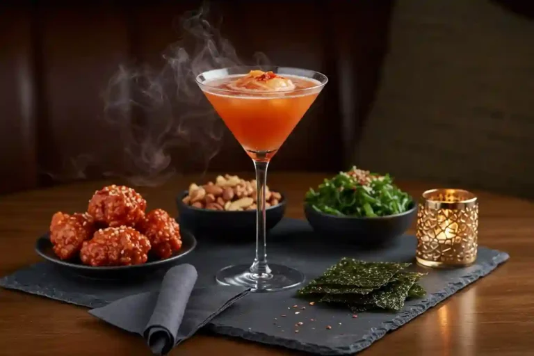 filthy kimchi martini cocktail on bar with garnish