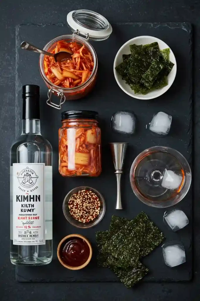 ingredients for filthy kimchi martini cocktail