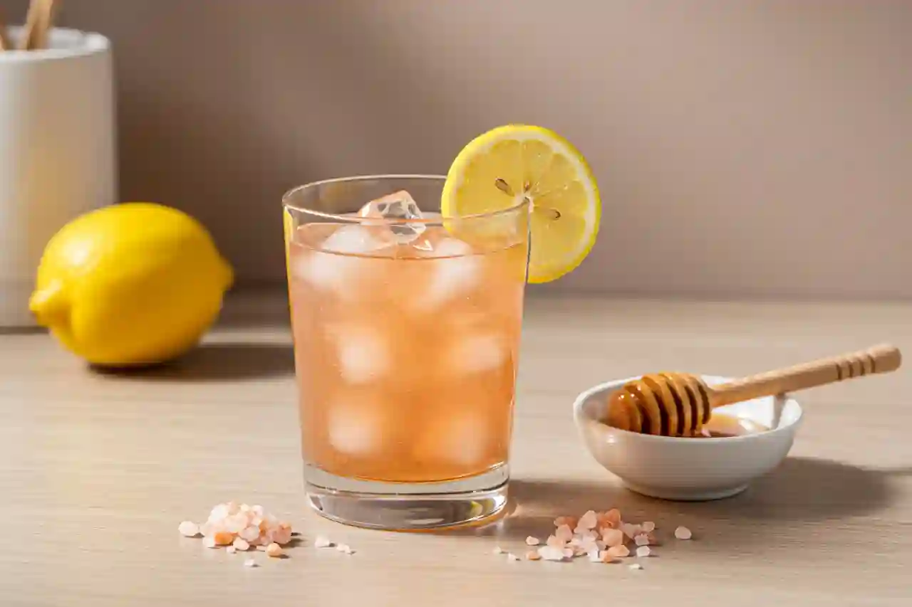 apanese pink salt weight loss detox drink in glass with lemon