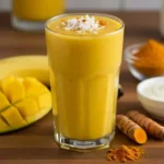 Glass of mango turmeric smoothie topped with coconut, next to banana and mango