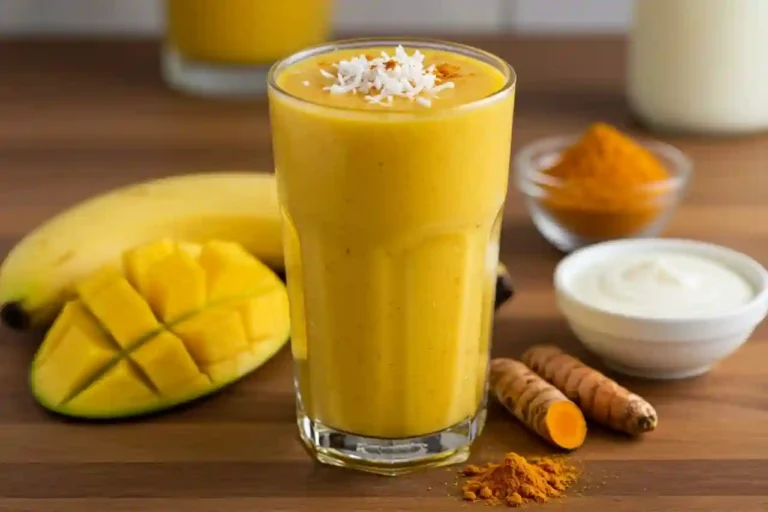 Glass of mango turmeric smoothie topped with coconut, next to banana and mango