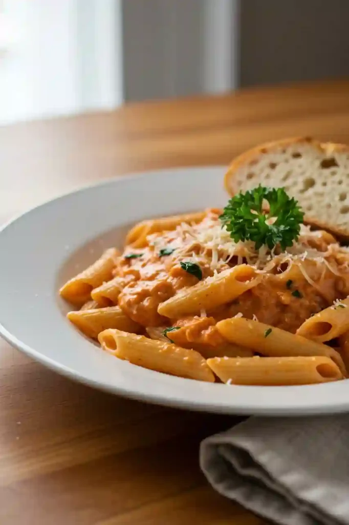 Final plated Palomino Sauce with penne and rustic bread