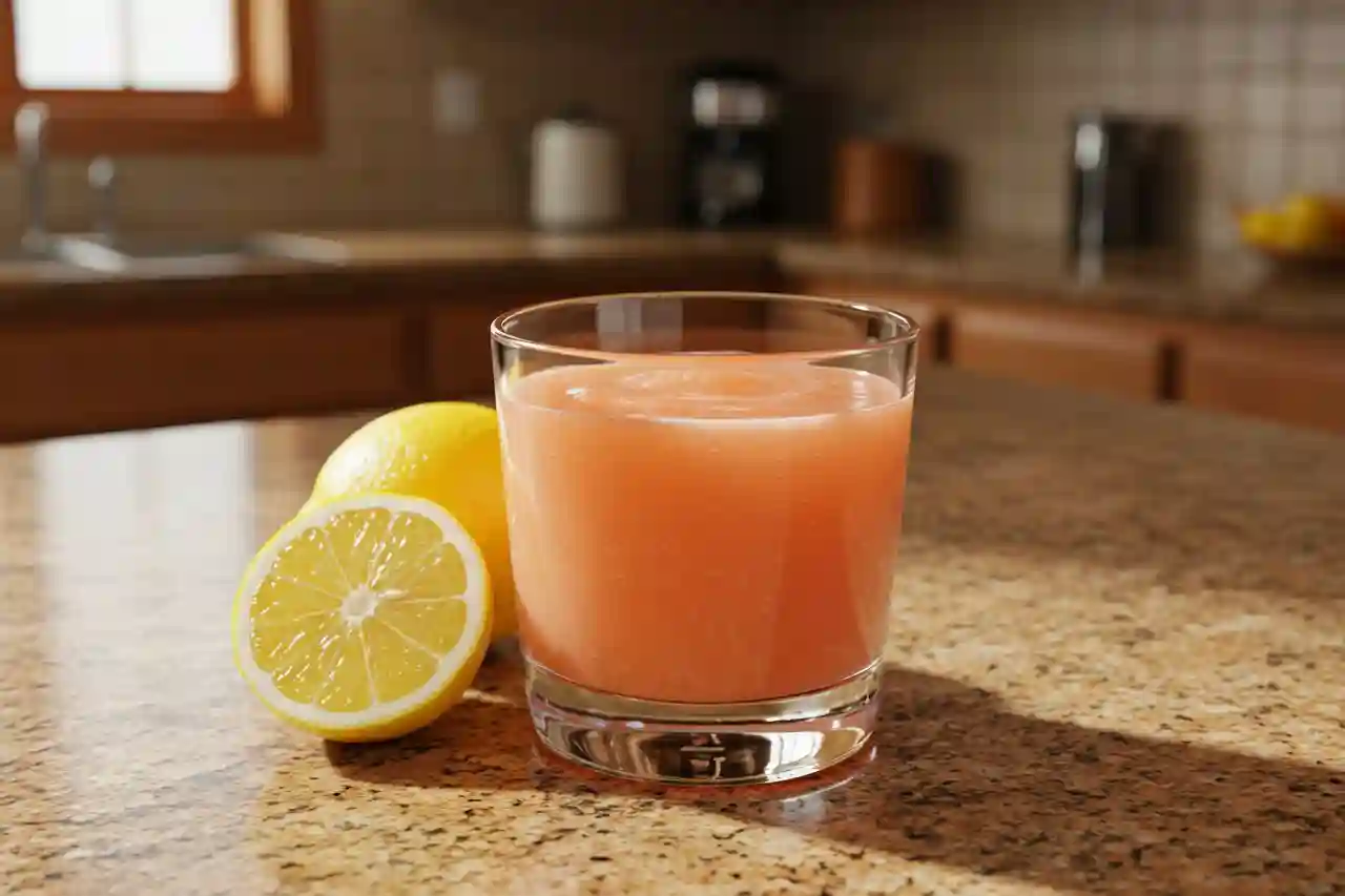 Glass of pink salt weight loss drink on a kitchen counter