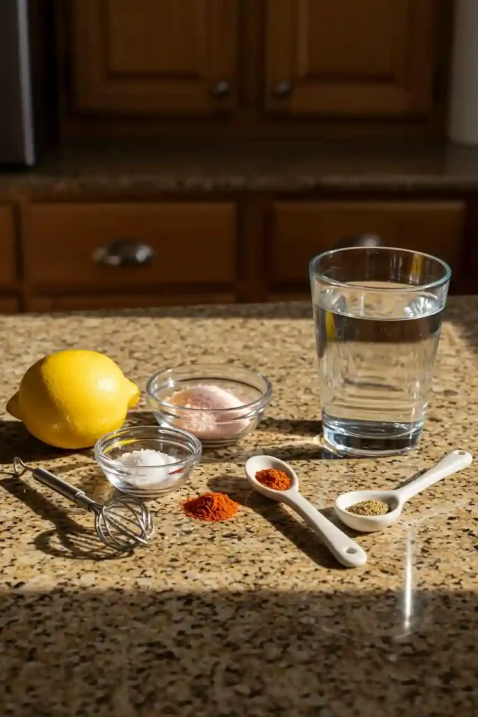 Ingredients for pink salt weight loss recipe laid out on counter
