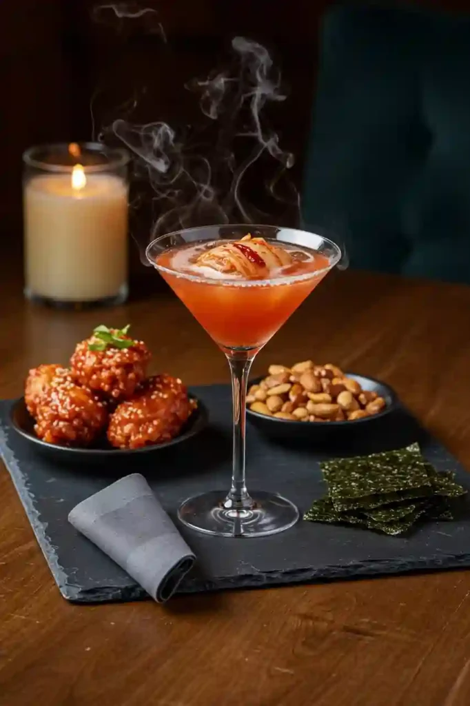 serving filthy kimchi martini with Korean snacks