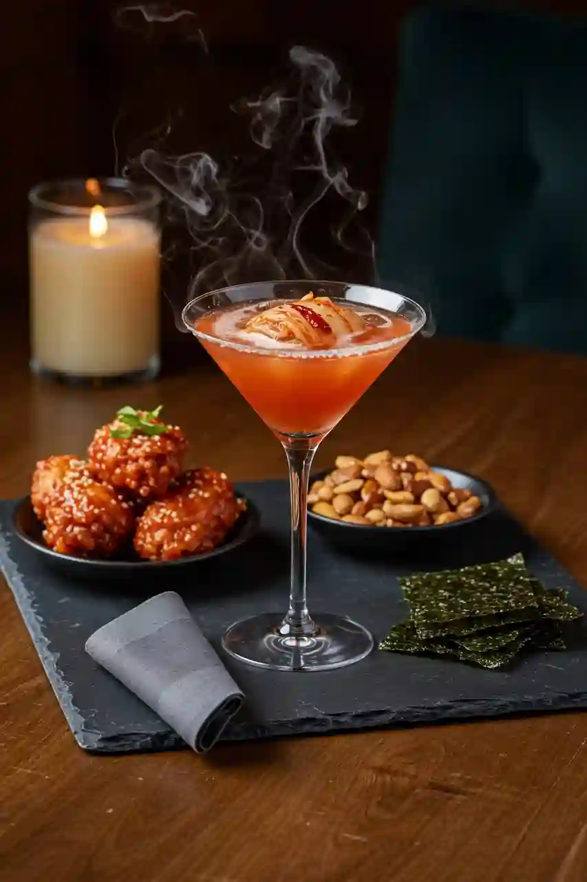 serving filthy kimchi martini with Korean snacks