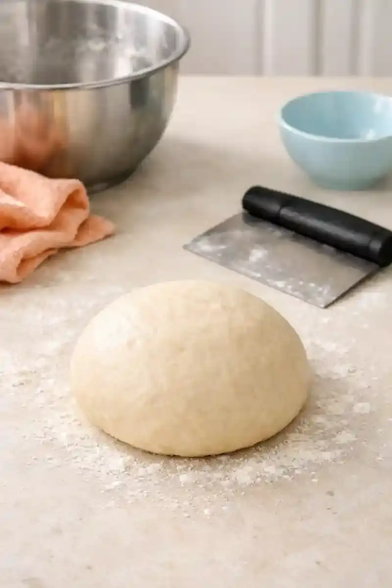 Bagel Dough After Kneading Firm bagel dough after kneading on a lightly floured counter with a mixing bowl nearby