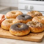 Freshly baked homemade bagels with sesame and poppy seed toppings on a cooling rack in a bright home kitchen