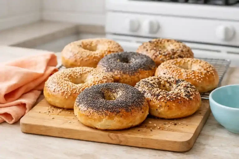 Freshly baked homemade bagels with sesame and poppy seed toppings on a cooling rack in a bright home kitchen