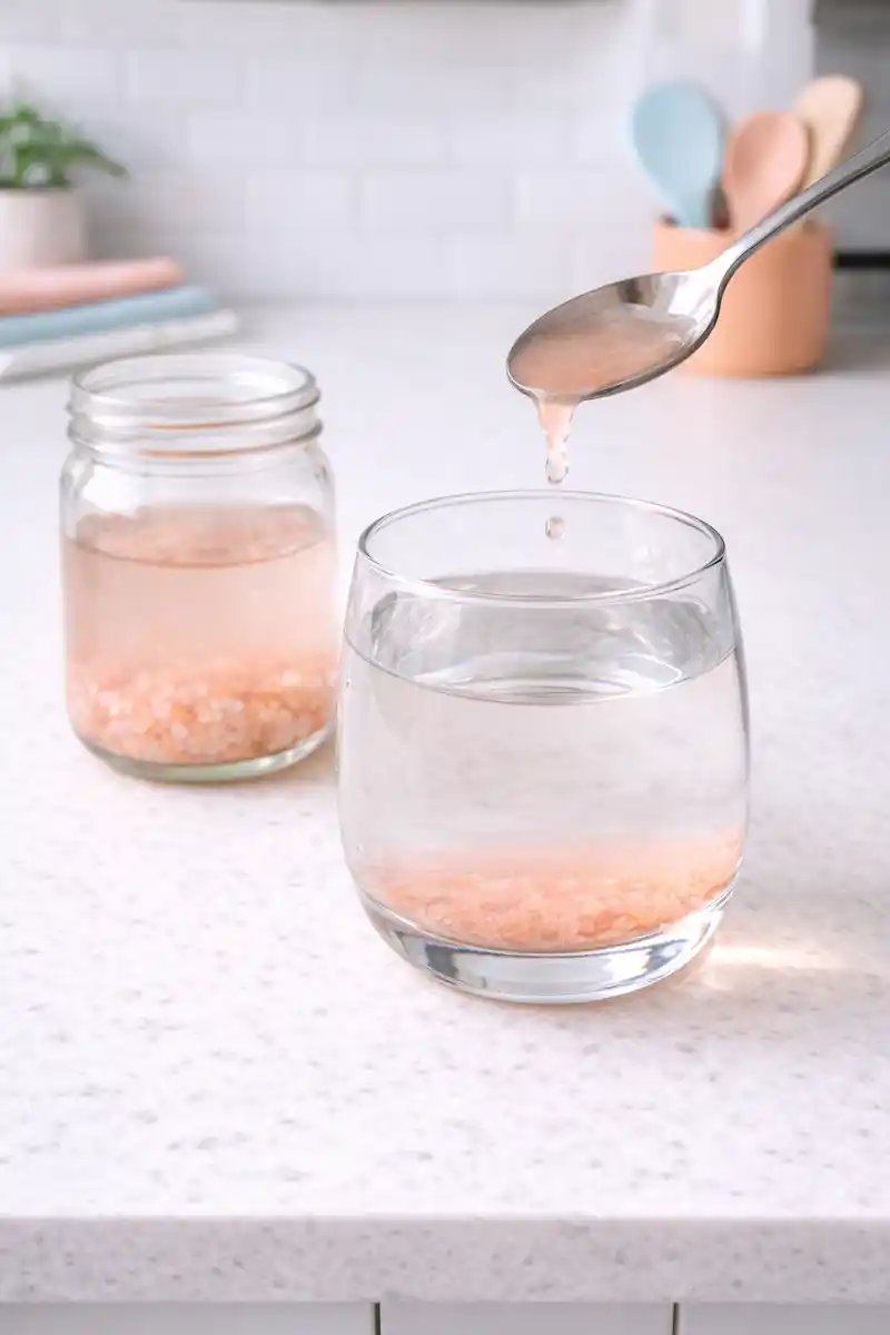 Diluting Pink Salt Sole teaspoon adding pink salt sole solution into a glass of water
