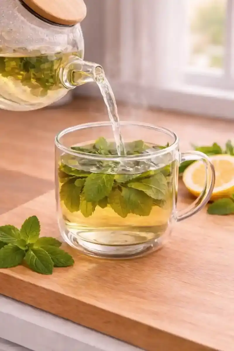 Fresh Lemon Balm Leaves Fresh lemon balm leaves on a wooden cutting board in a home kitchen
