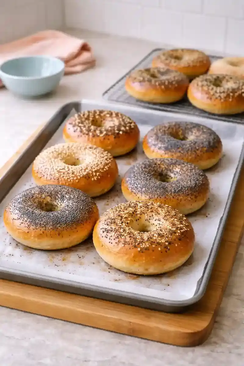 Freshly Baked Bagels Freshly baked bagels on a baking sheet with a deep golden brown crust