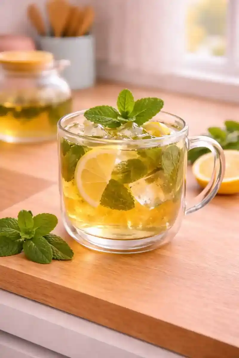 Iced Lemon Balm Tea Lemon balm tea in a clear glass cup with fresh lemon balm leaves on a kitchen counter