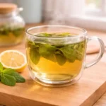 Lemon balm tea in a clear glass cup with fresh lemon balm leaves on a kitchen counter