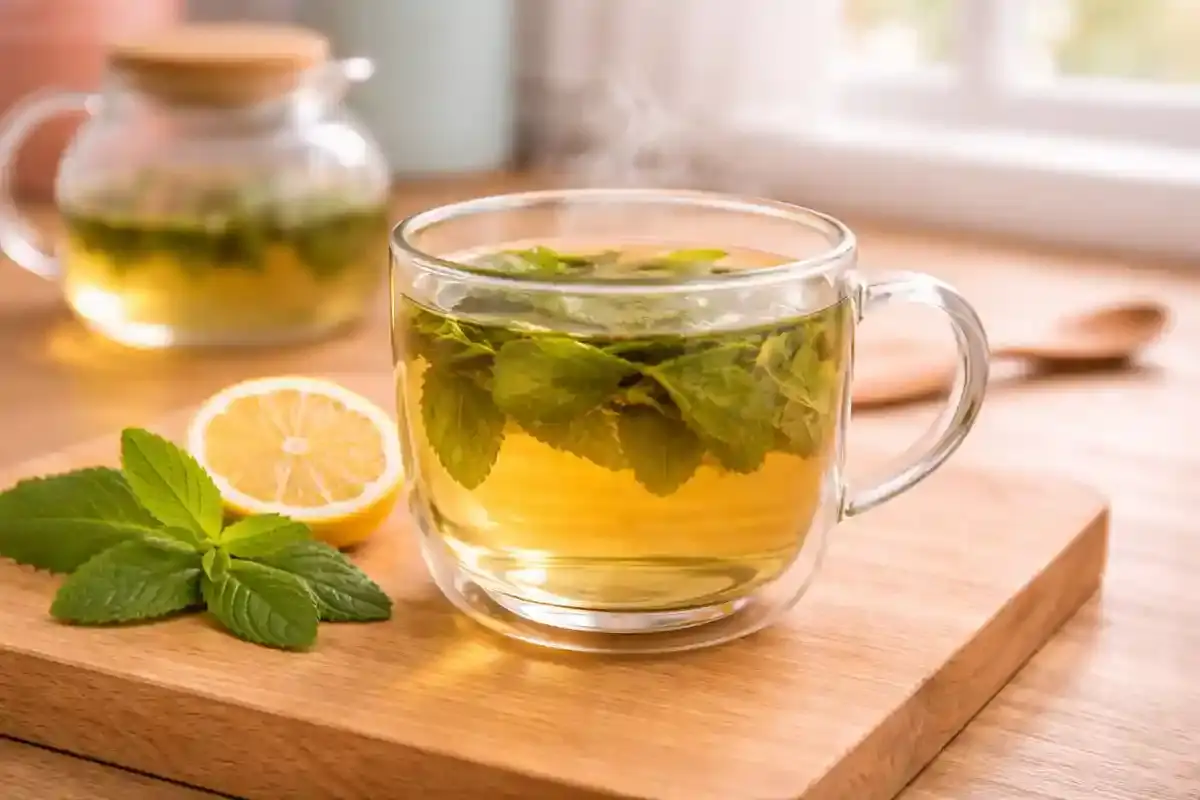 Lemon balm tea in a clear glass cup with fresh lemon balm leaves on a kitchen counter