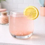 pink salt diet recipe drink in a round glass with lemon slice on a modern kitchen counter