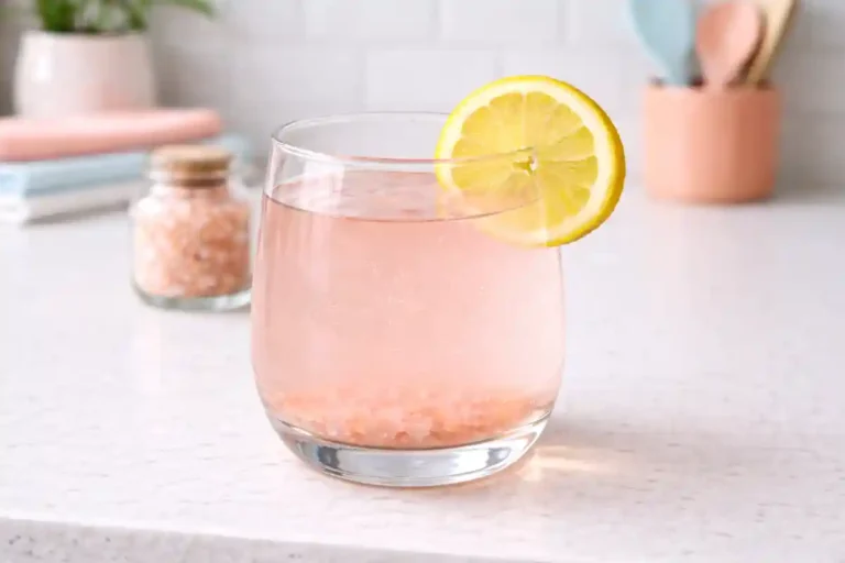 pink salt diet recipe drink in a round glass with lemon slice on a modern kitchen counter
