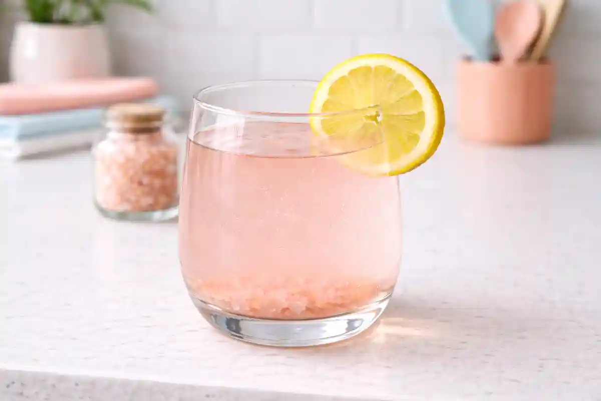 pink salt diet recipe drink in a round glass with lemon slice on a modern kitchen counter