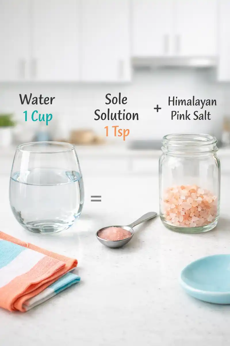 Pink Salt Drink Safety Considerations glass of pink salt water with salt crystals and spoon on kitchen counter