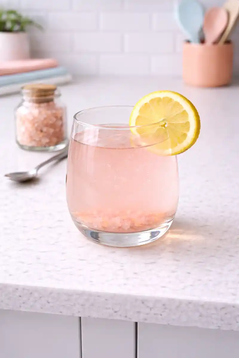 Prepared Pink Salt Diet Recipe Drink pink salt diet recipe drink with lemon slice served in a round glass