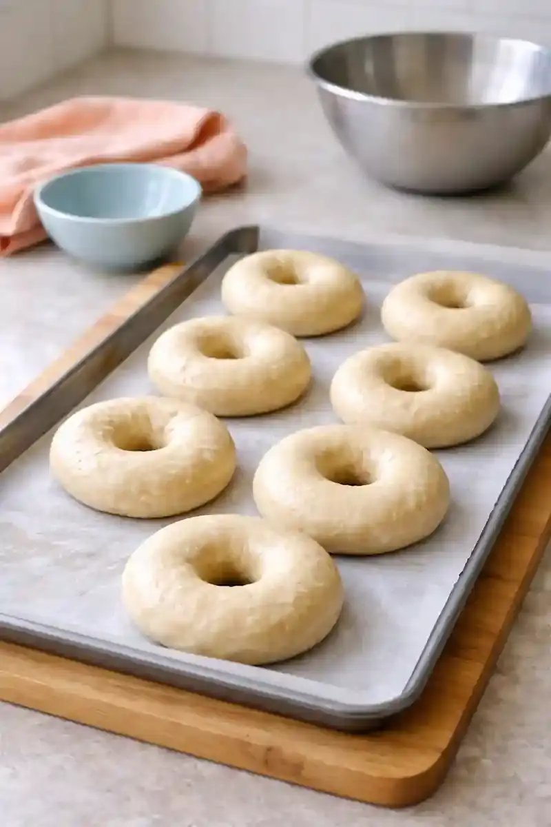 Shaped Bagels Before Boiling Shaped homemade bagels resting on a parchment-lined baking sheet before boiling