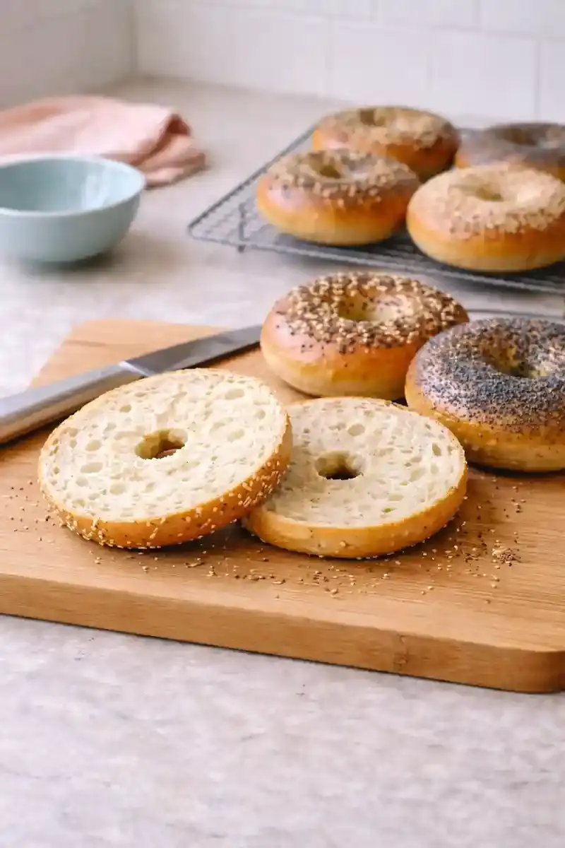 Sliced Homemade Bagel Sliced homemade bagel showing a chewy interior on a wooden board with whole bagels nearby