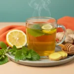Feature photo of lemon balm tea for weight loss with lemon, ginger, and honey.