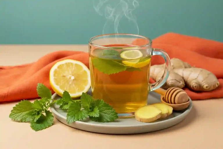 Feature photo of lemon balm tea for weight loss with lemon, ginger, and honey.