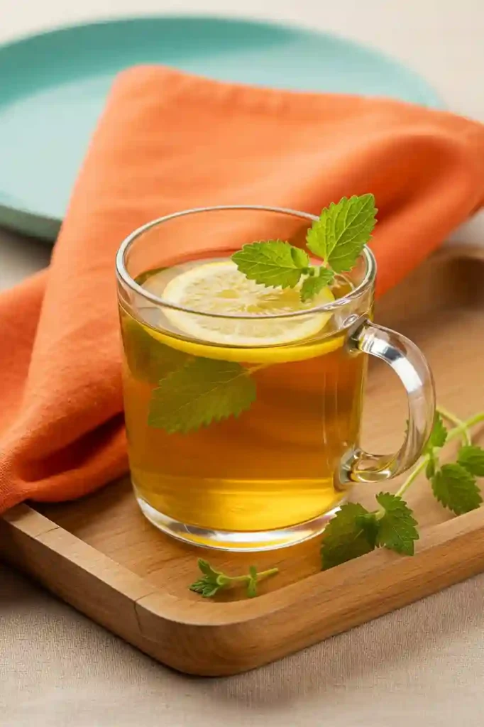 Served mug of lemon balm tea with lemon garnish for weight loss.