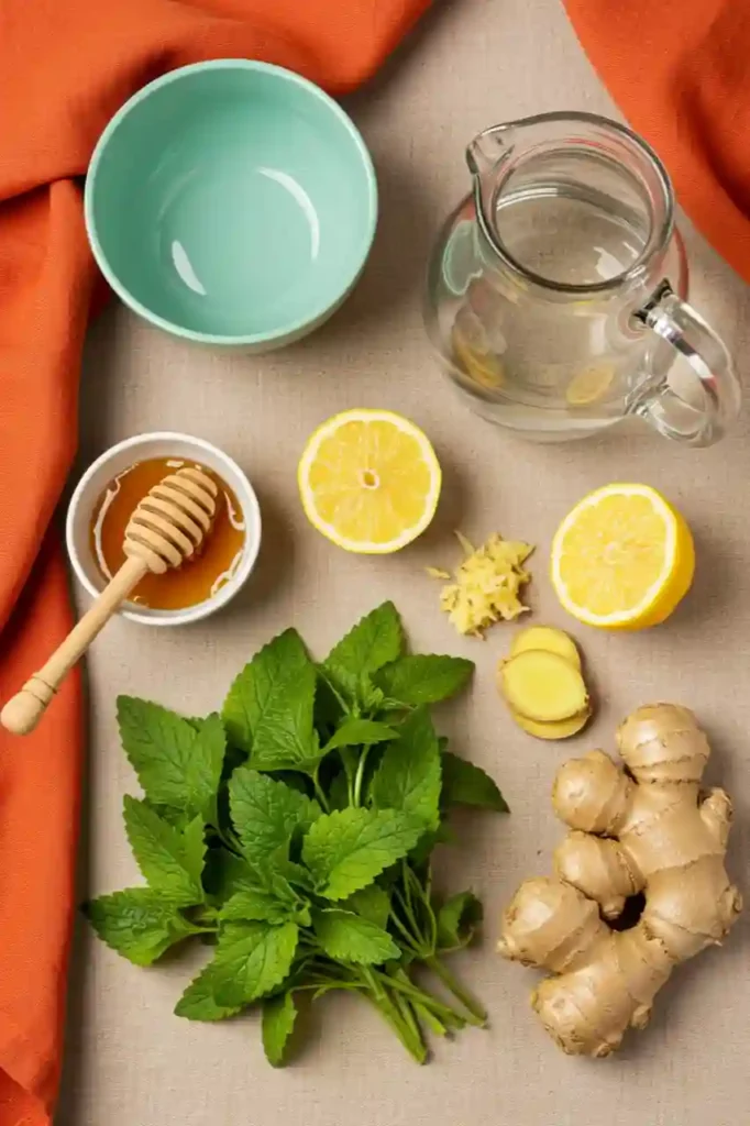 Flat lay of ingredients for lemon balm recipe: lemon, ginger, honey, and fresh leaves.