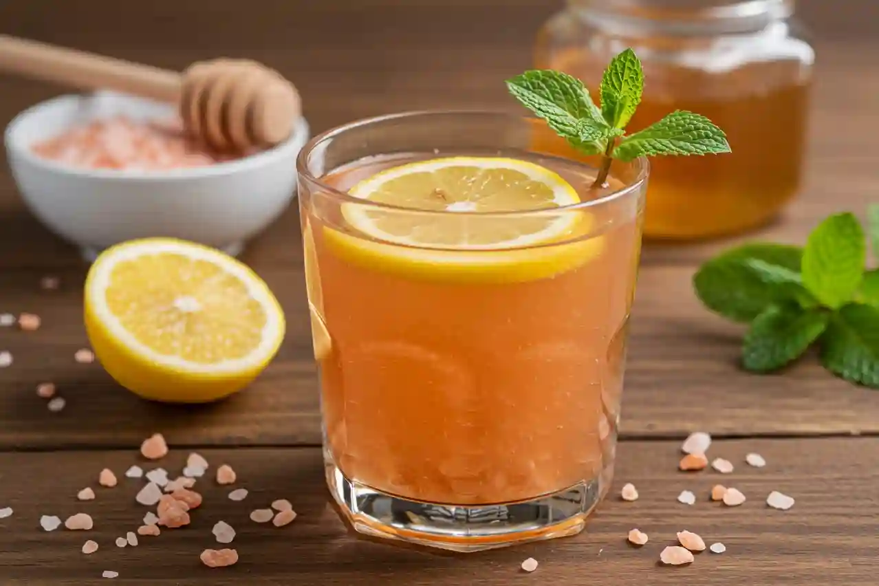 Glass of pink salt diet recipe detox water with lemon and honey
