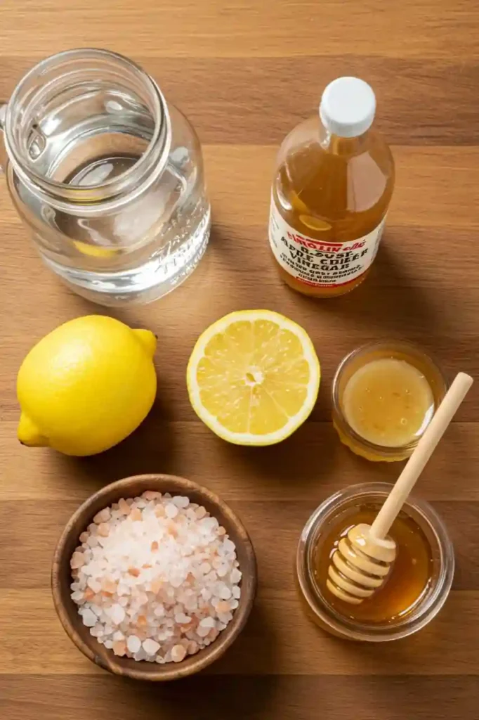 Ingredients for pink salt diet recipe including Himalayan salt, lemon, vinegar, and honey