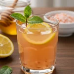 Glass of pink salt diet recipe drink with lemon and mint garnish