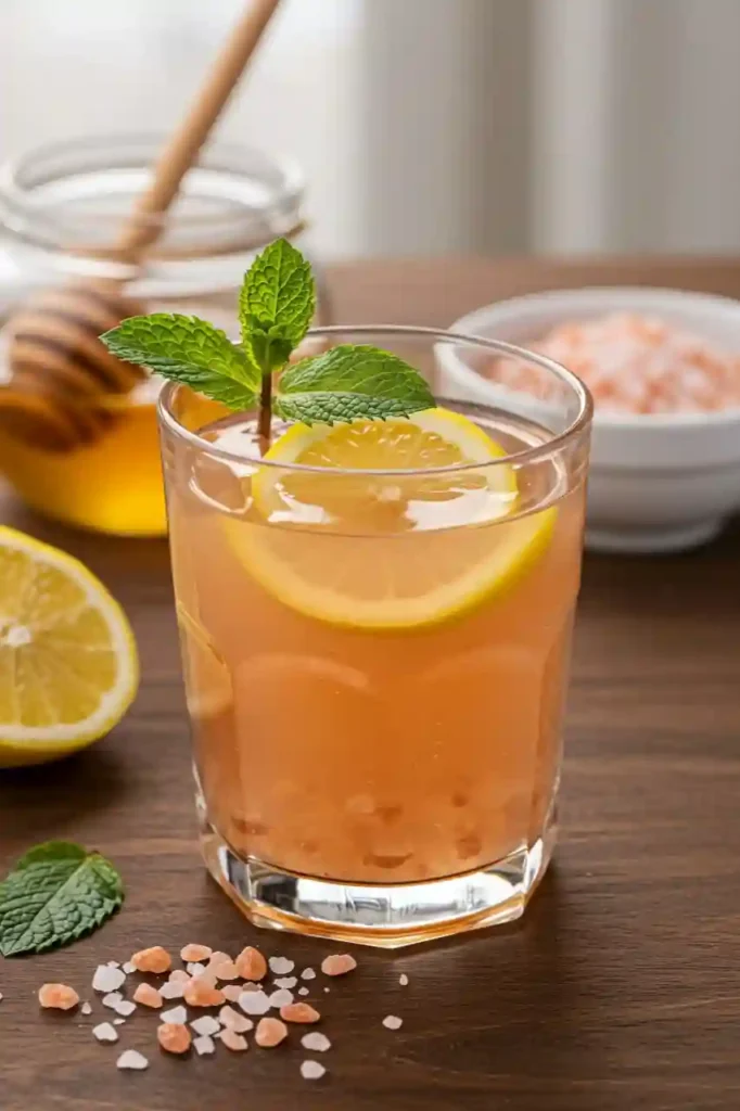 Glass of pink salt diet recipe drink with lemon and mint garnish