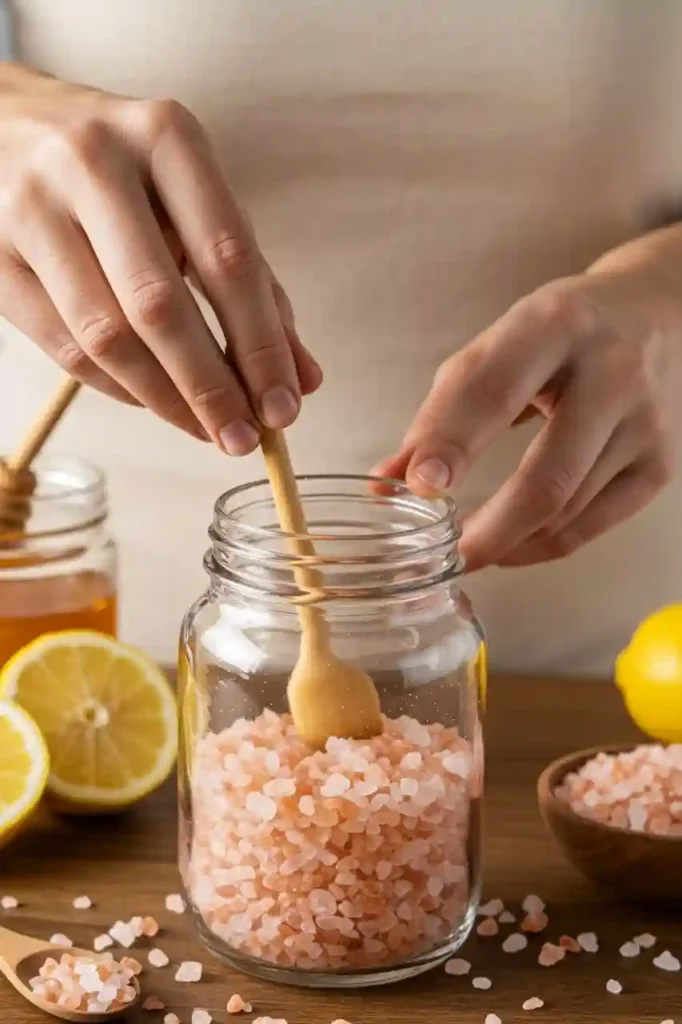 Stirring pink salt into water to prepare the diet recipe