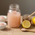 Pink salt recipe ingredients in a glass jar with lemon and honey on a rustic kitchen counter
