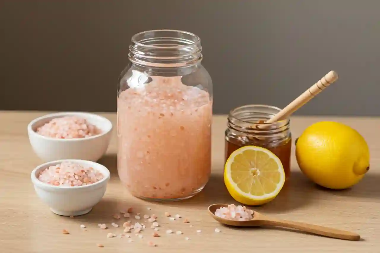 Pink salt recipe ingredients in a glass jar with lemon and honey on a rustic kitchen counter