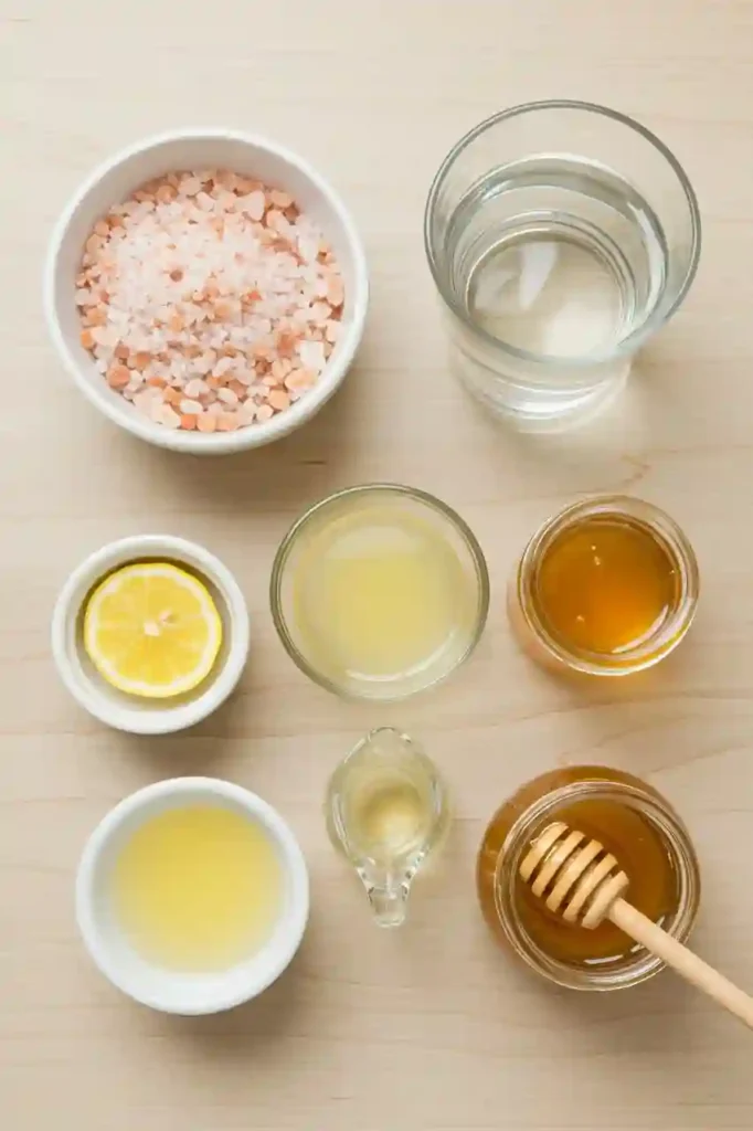 Flat lay of pink salt recipe ingredients including pink Himalayan salt, lemon juice, raw honey, and filtered water