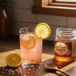 Final glass of pink salt drink with lemon slice served in a rustic morning setting