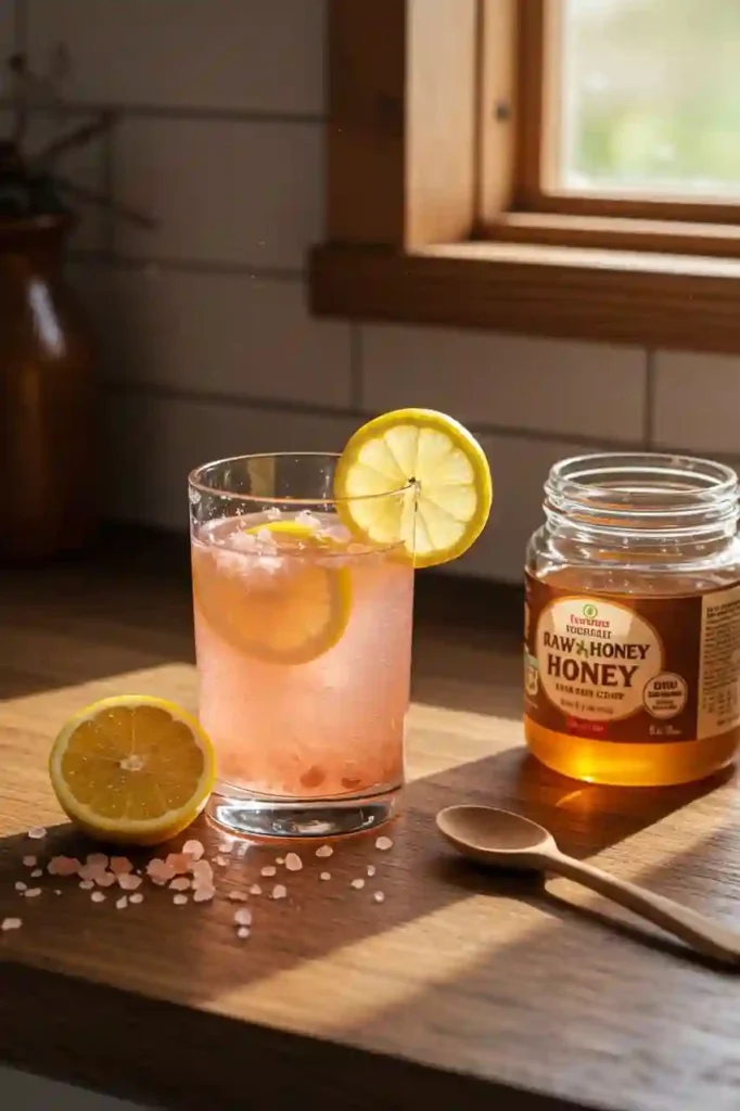 Final glass of pink salt drink with lemon slice served in a rustic morning setting