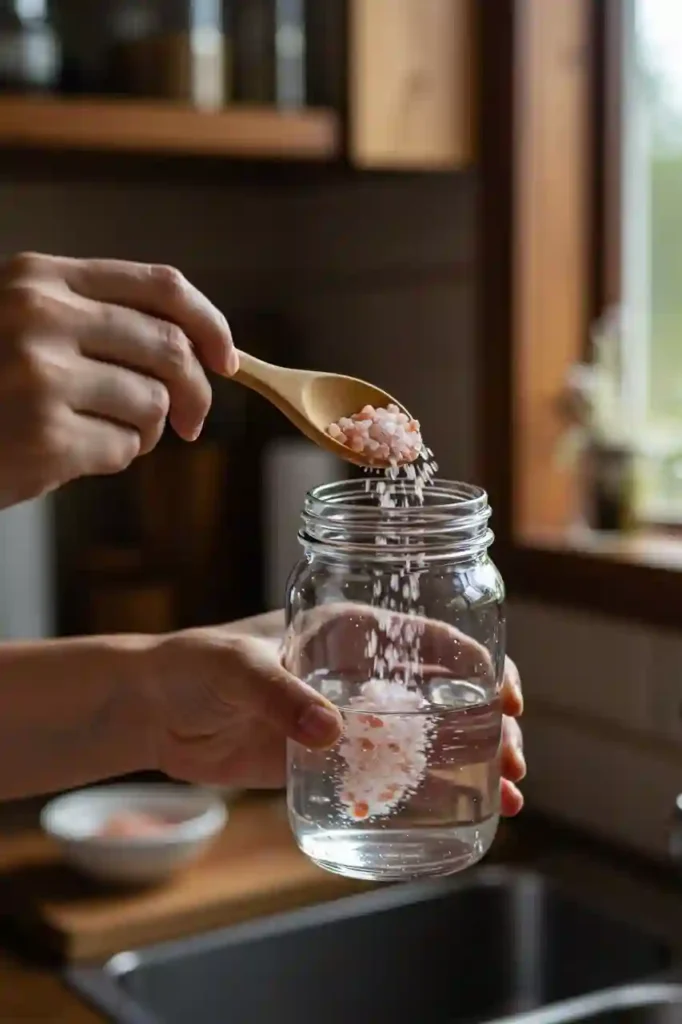 Key step in preparing pink salt recipe ingredients—pouring sole solution into a glass with lemon
