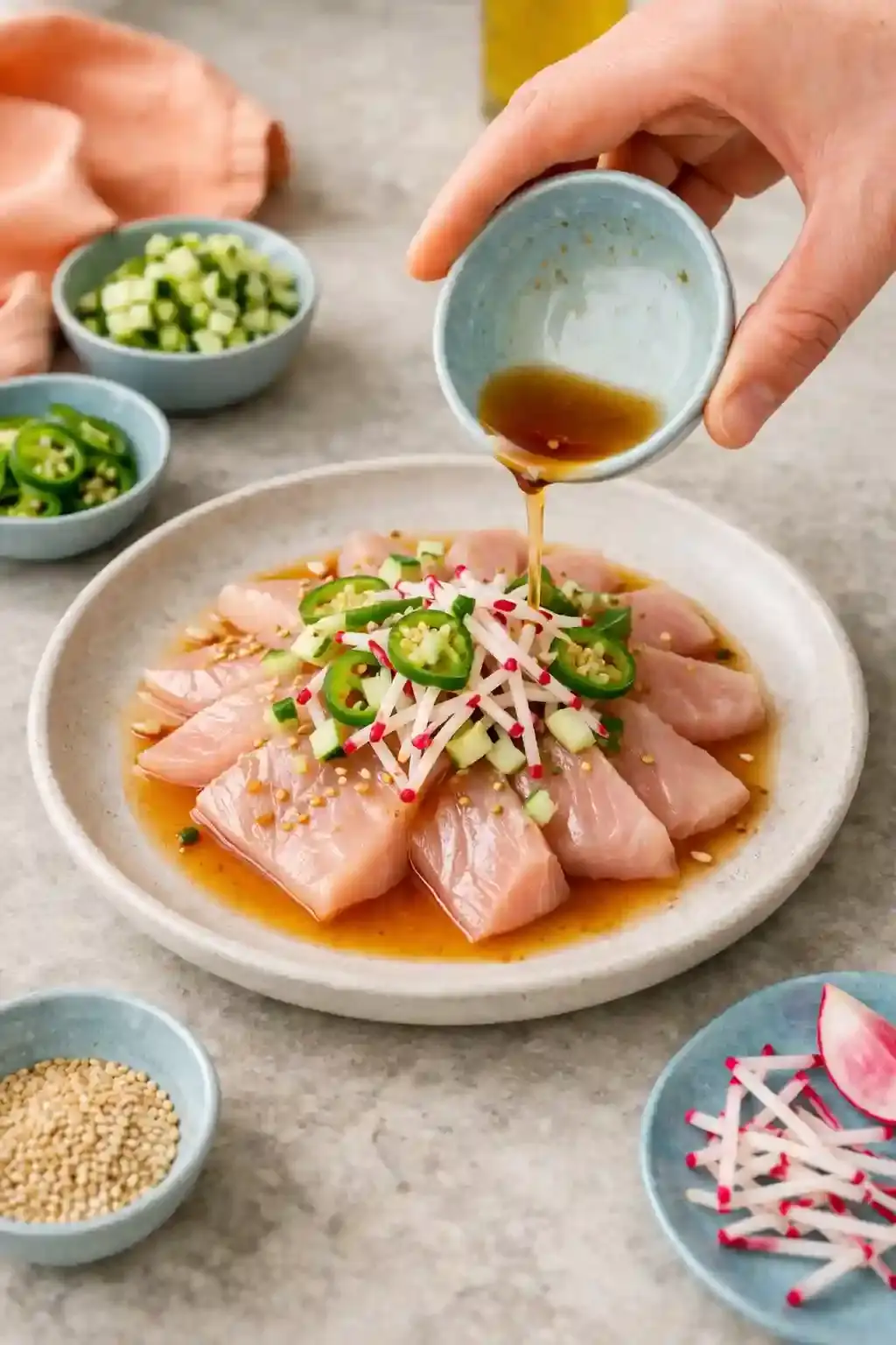 Assembling hamachi crudo Hamachi crudo being assembled with radish, cucumber, serrano, and light dressing