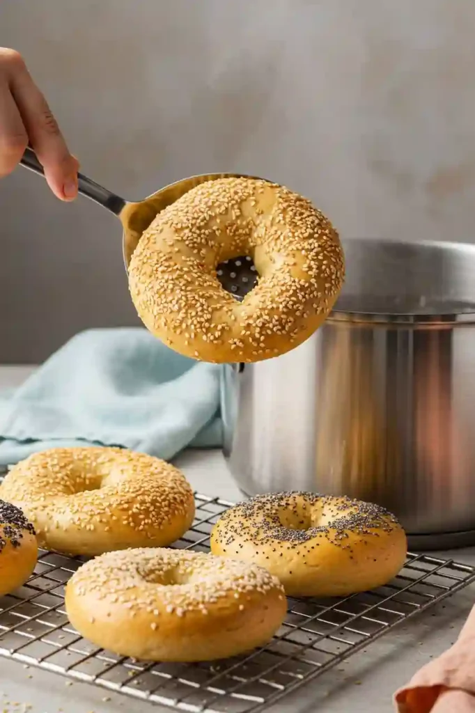 Boiled bagel lifted from a pot with sesame seeds before baking