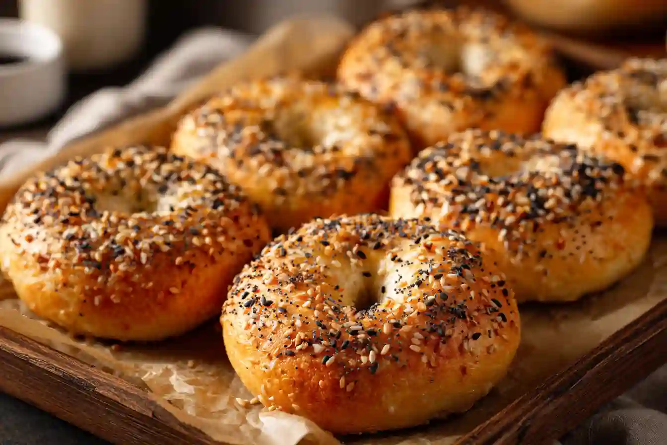 Freshly baked golden-brown bagels topped with everything seasoning from a homemade bagel recipe