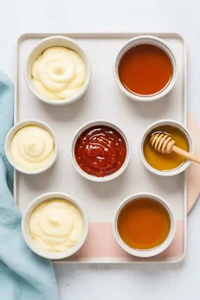 Mayonnaise, sweet chili sauce, sriracha, and honey in small bowls on a cream surface